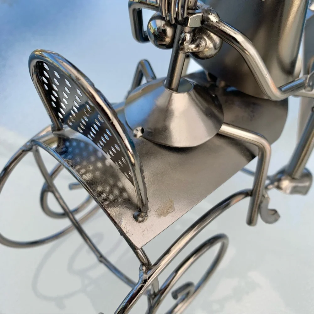 Couple On A Motorcycle Single Wine Bottle Holder Metallic Sculpture